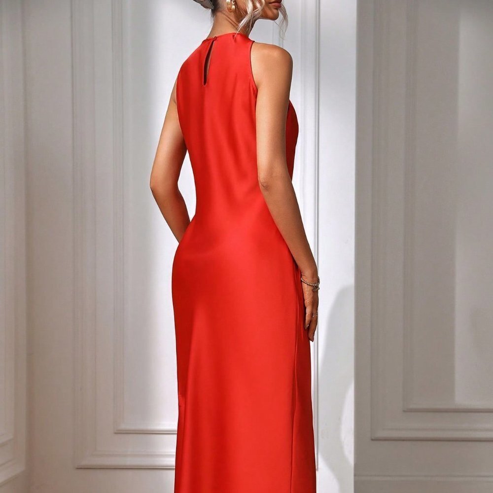 Red Preppy Womens Solid Split Thigh Dress - Picture 2 of 5